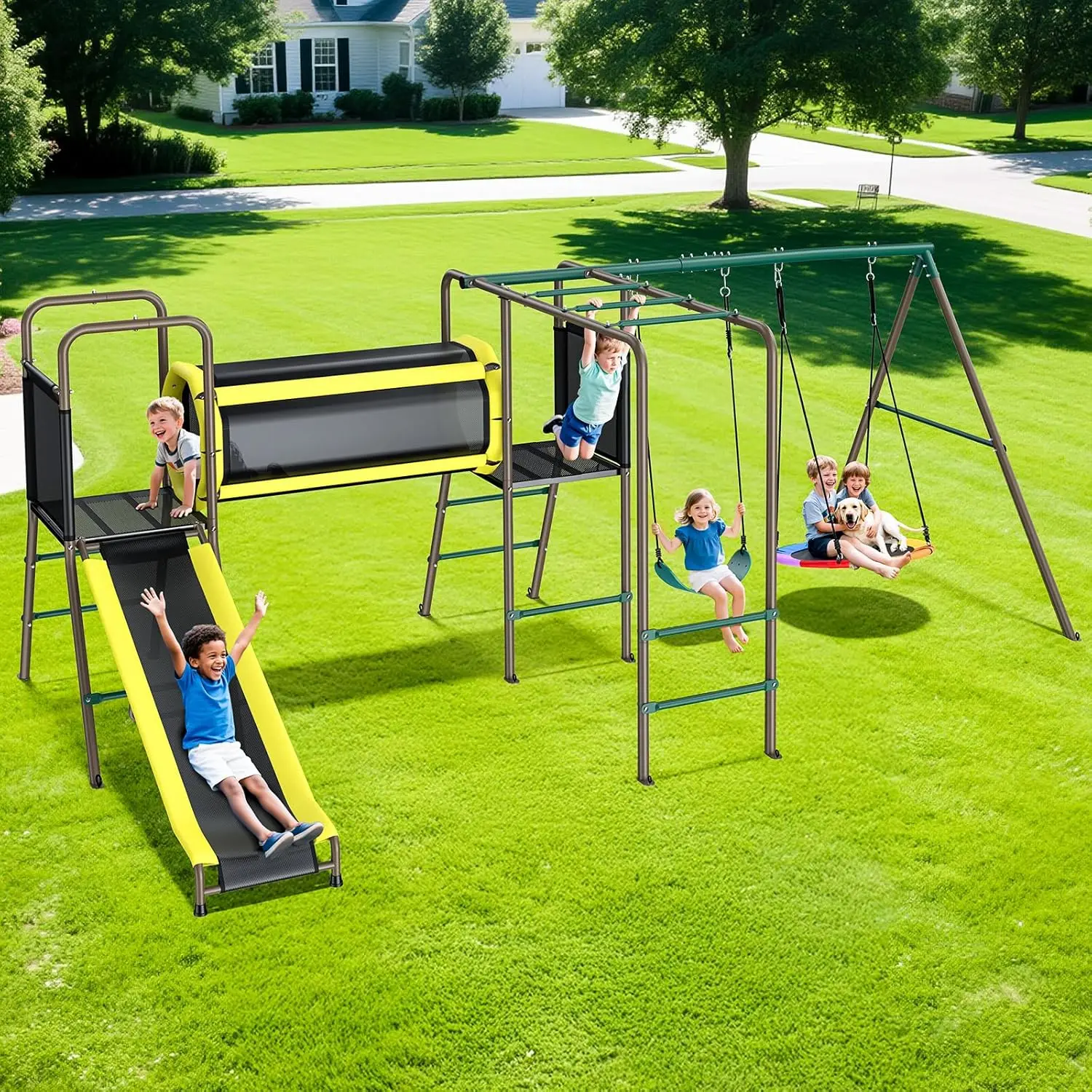 Kids Outdoor Monkey Bar Set - Hapfan 660lbs Swing Set with Slide,Crawl