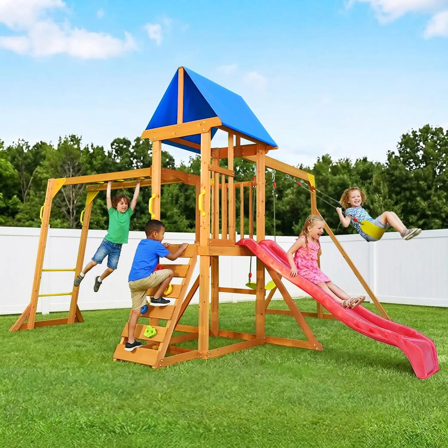 Kids Outdoor Monkey Bar Set - Wooden Swing Sets for Backyard, Kids